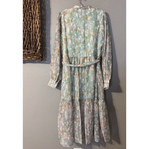 Spring & Mercer Watercolor Chiffon Midi Prairie Dress Small Long Sleeve NEW - Picture 14 of 16